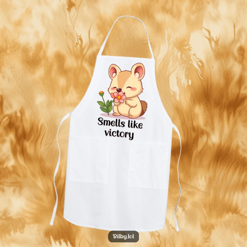 Funny apron with an adorable marsupial character with a twitching nose happily sniffing a blooming flower.