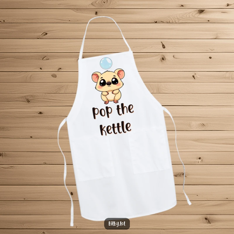 Funny apron with a chubby marsupial with large eyes tipping its head curiously towards a floating bubble.