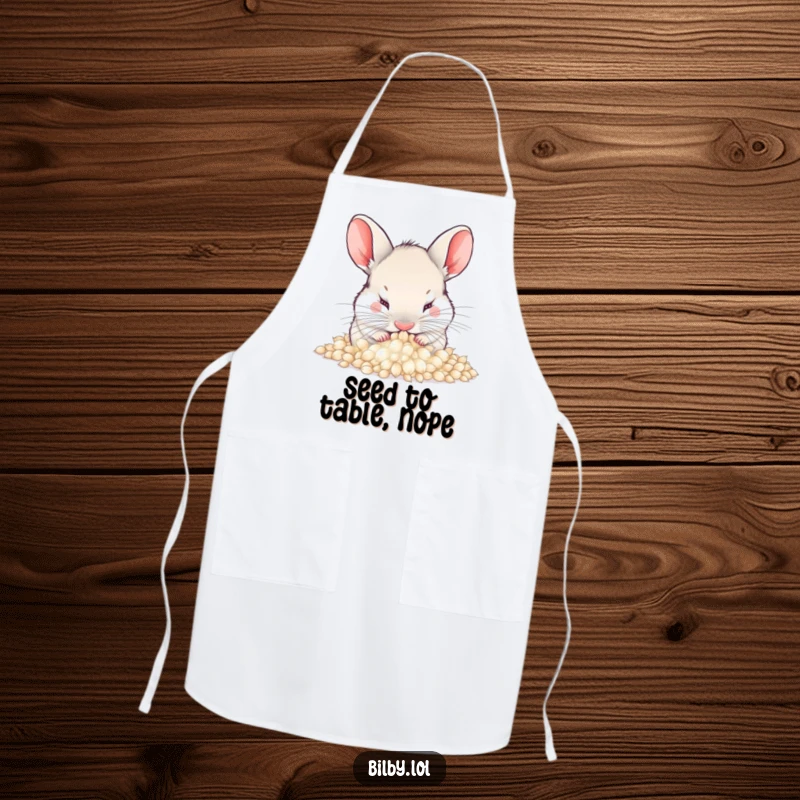 Funny bilby burying its nose in a pile of soft, fluffy dandelion seeds on a kitchen apron, ideal for a humorous and cozy garden gift.