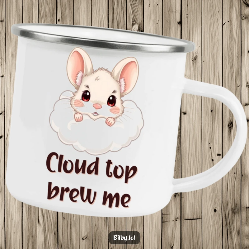 Funny bilby peeking from a fluffy cloud with wide, curious eyes on a camping mug, built for adventure and humorous enjoyment as a gift.