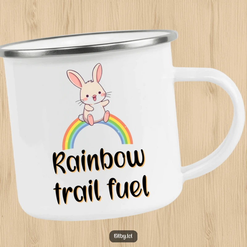 Funny bilby hopping joyfully over a small, sparkling rainbow arc on a camping mug, built for adventure and magical humor as a gift.