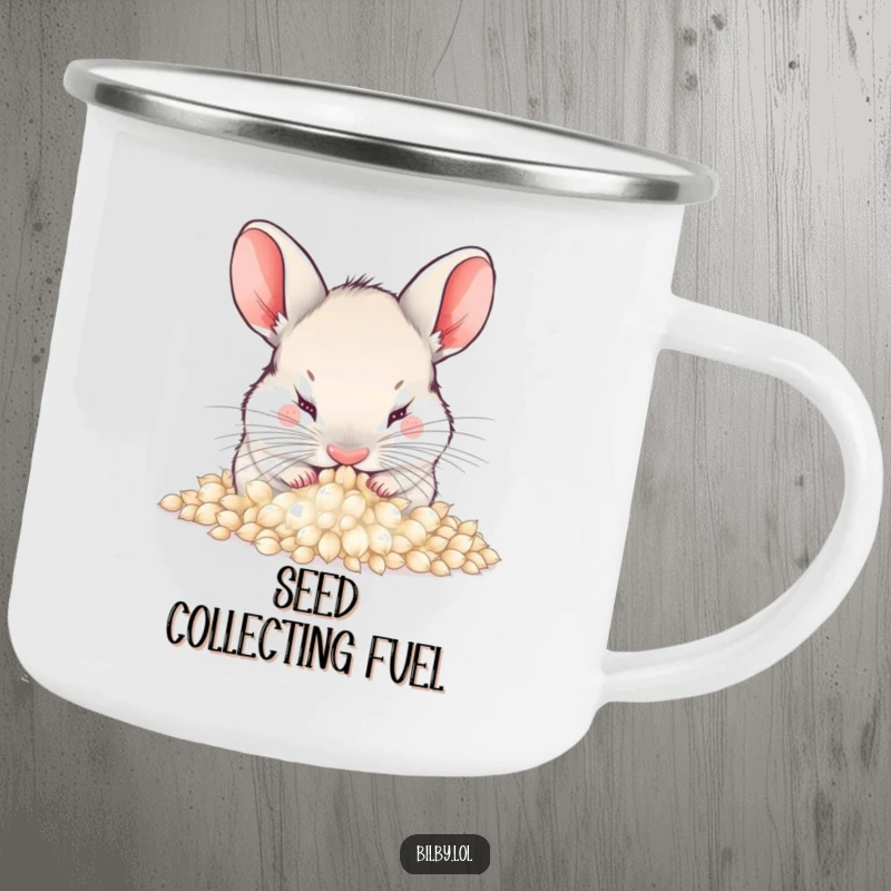Funny bilby burying its nose in a pile of soft, fluffy dandelion seeds on a camping mug, built for adventure and cozy humor as a gift.