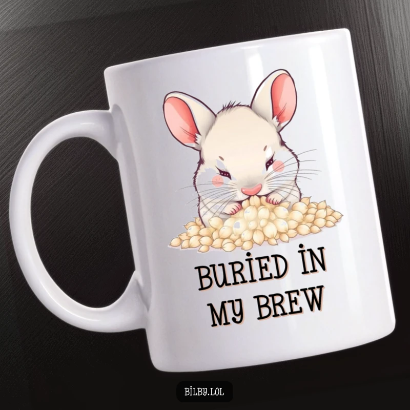 Funny bilby burying its nose in a pile of soft, fluffy dandelion seeds on a mug, ideal for a humorous and cozy nature gift.