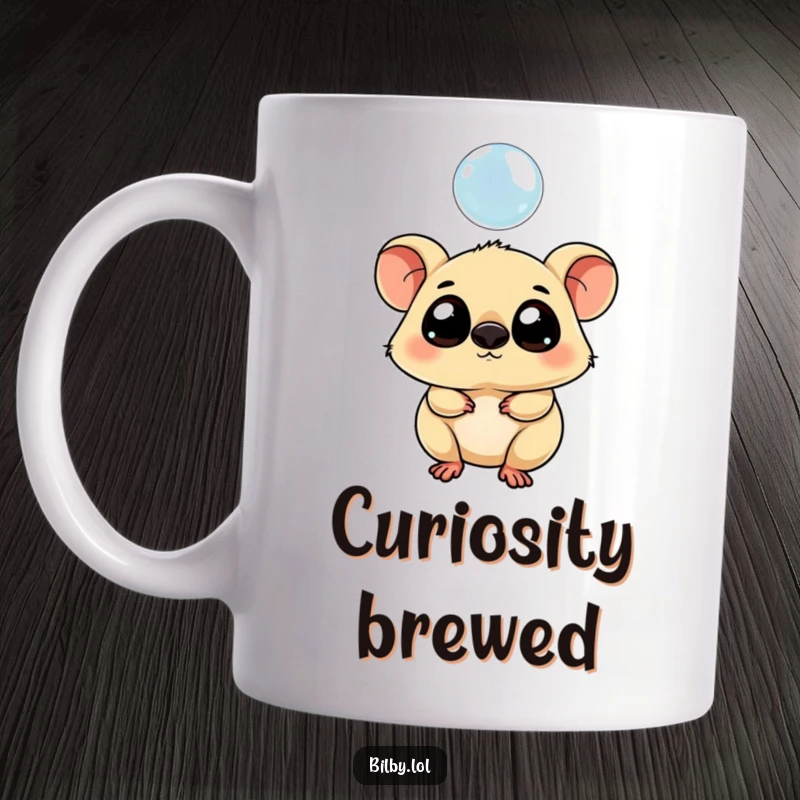 Funny mug featuring a chubby marsupial with large eyes tipping its head curiously towards a floating bubble.