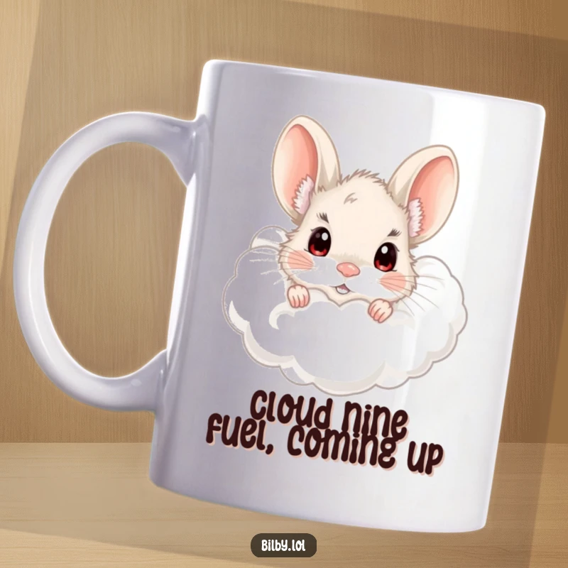Funny bilby peeking from a fluffy cloud with wide, curious eyes illustration on a mug, perfect for a humorous gift.