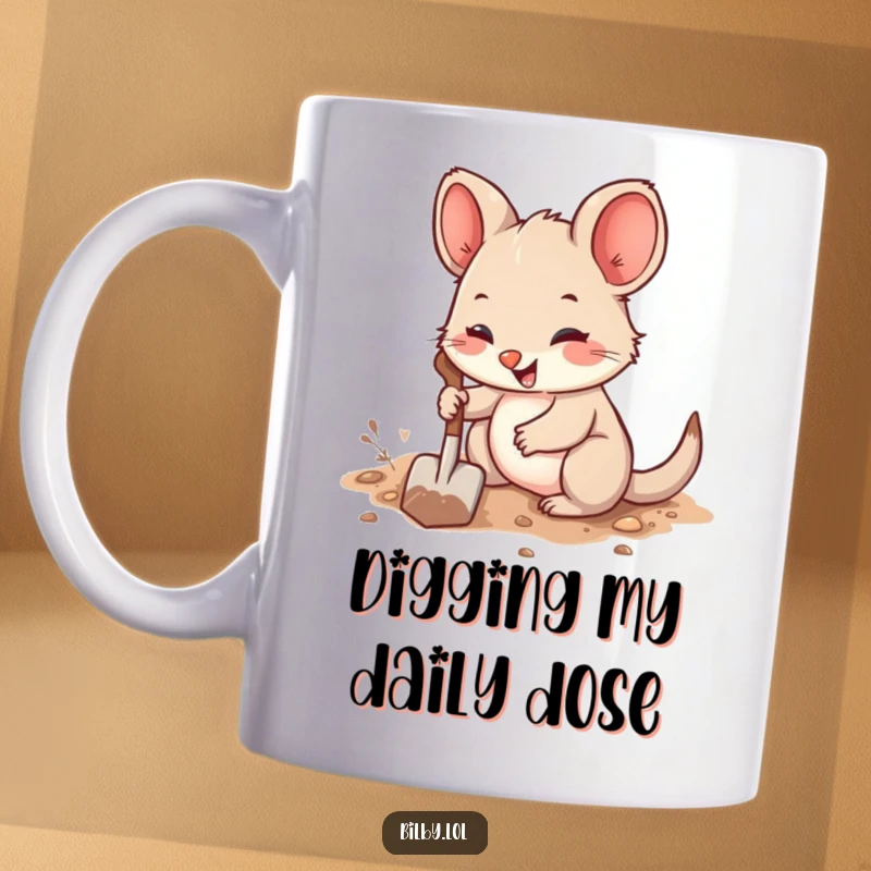 Funny mug featuring a cute, fuzzy marsupial with large ears joyfully digging a burrow using a miniature shovel.