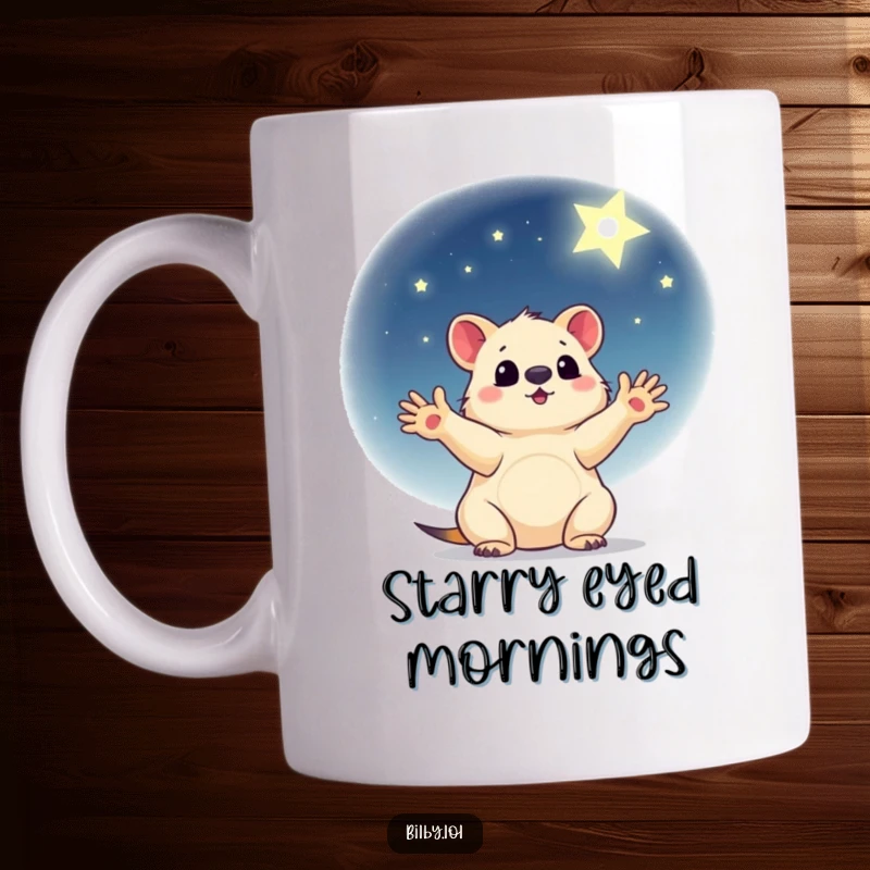 Funny mug featuring a little marsupial with paws outstretched, reaching for a shining star in a gentle night sky.