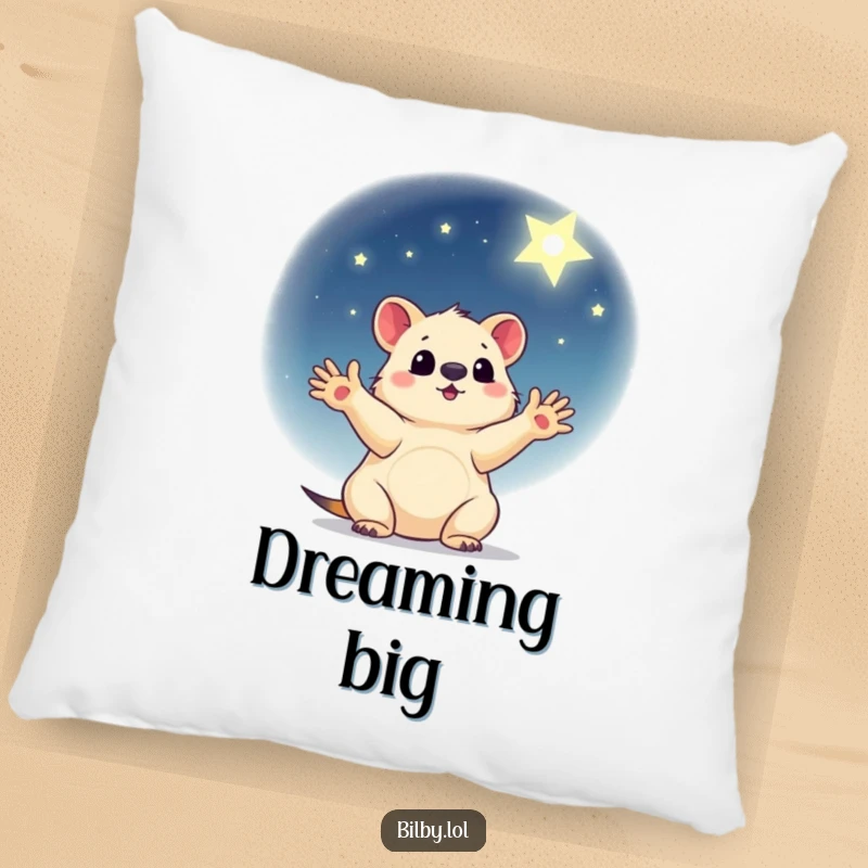 Funny pillow featuring a little marsupial with paws outstretched, reaching for a shining star in a gentle night sky.