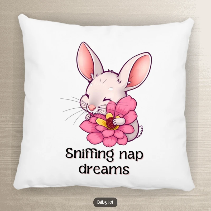Funny bilby with long ears twitching, excitedly sniffing a large, colorful flower on a soft pillow, offering comfort and humorous floral charm as a gift.