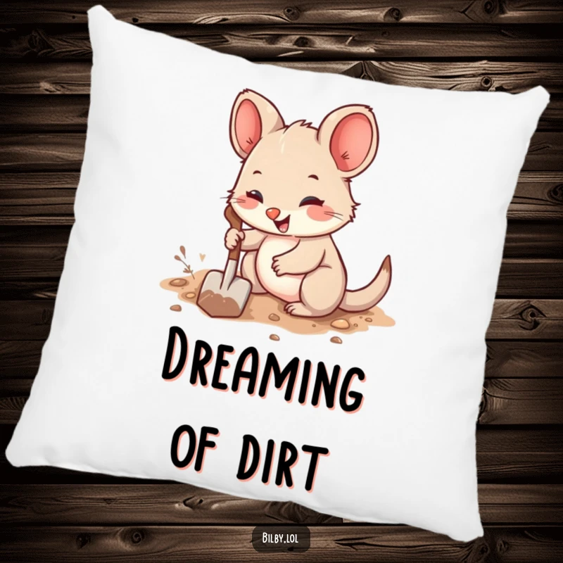 Funny pillow with a cute, fuzzy marsupial with large ears happily digging a burrow with a tiny shovel, for cozy comfort.