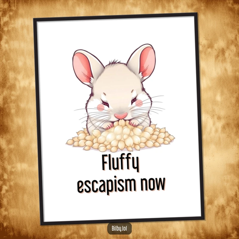 Funny bilby burying its nose in a pile of soft, fluffy dandelion seeds illustration as a digital art print, providing instant humorous cozy decor as a gift.