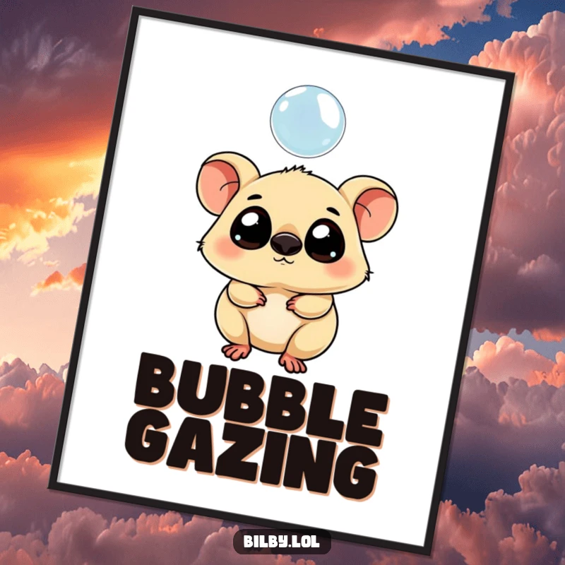 Funny digital art print of a chubby marsupial with large eyes tipping its head curiously towards a floating bubble.