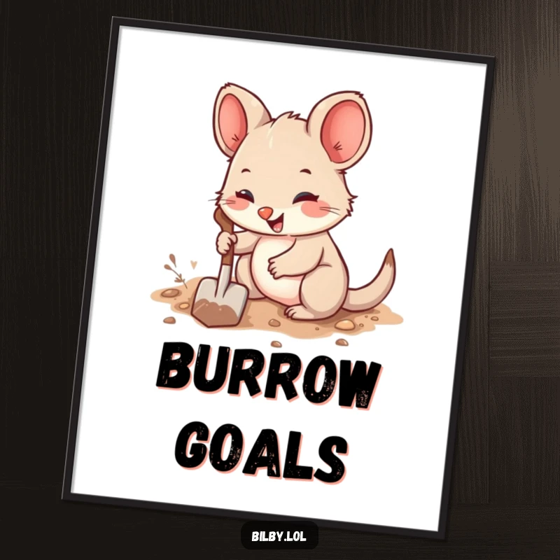 Funny digital art print of a cute, fuzzy marsupial with large ears joyfully digging a burrow with a tiny shovel.