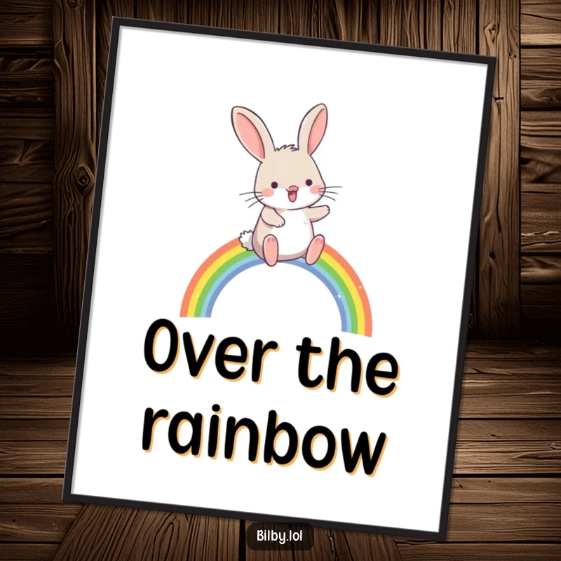 Funny bilby hopping joyfully over a small, sparkling rainbow arc illustration as a digital art print, providing instant humorous magical decor as a gift.