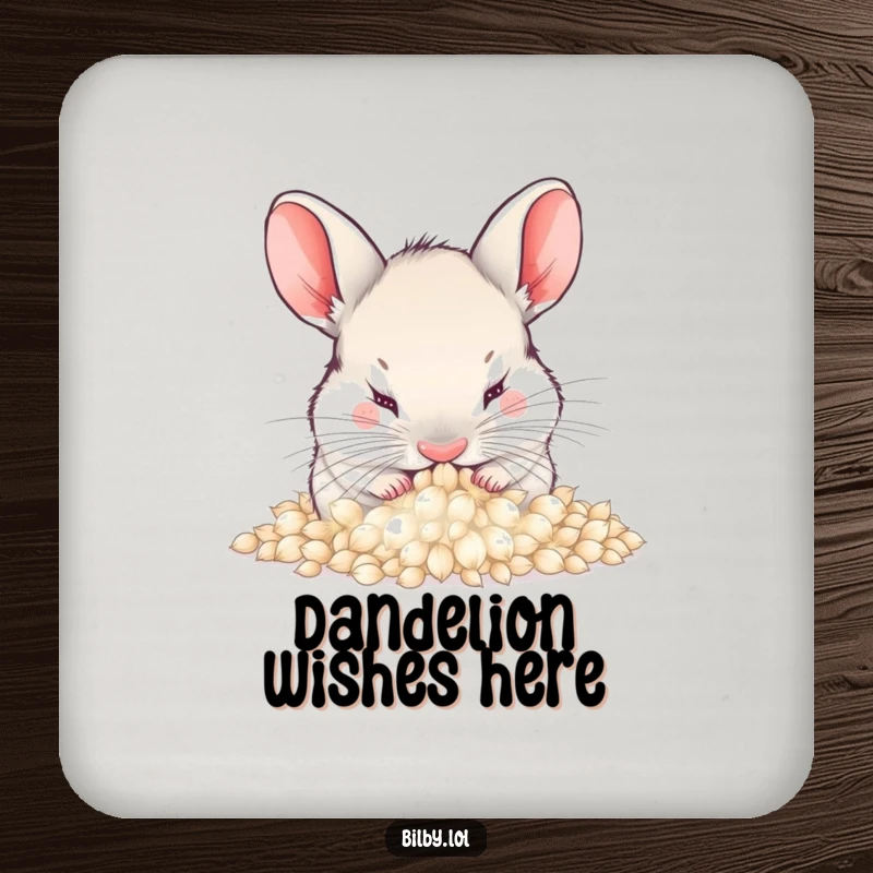 Funny bilby burying its nose in a pile of soft, fluffy dandelion seeds on a drink coaster, adding humorous soft protection to surfaces as a gift.