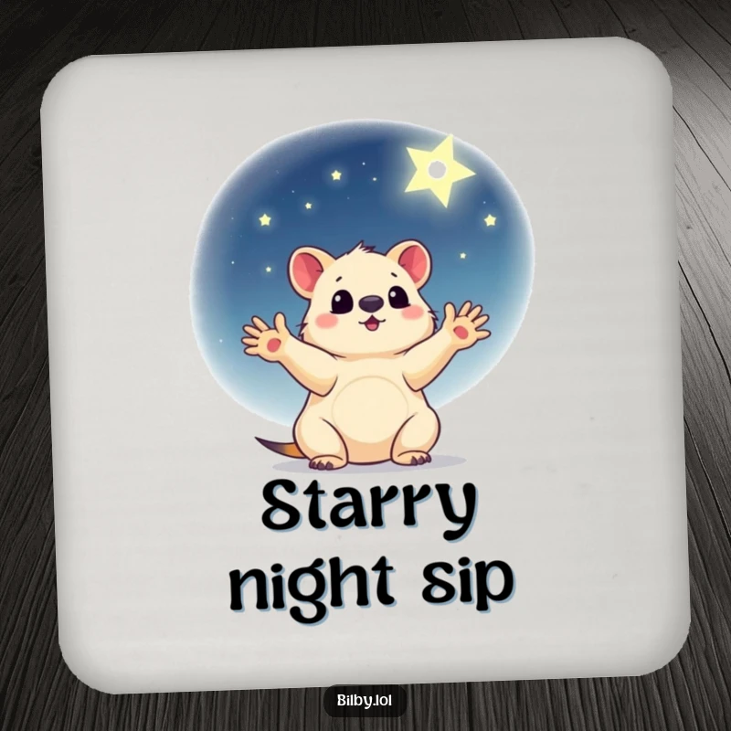 Funny drink coaster with a little marsupial, paws outstretched, reaching for a shining star in a gentle night sky.