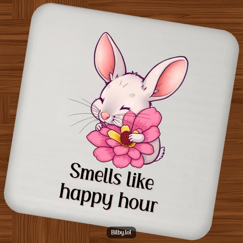 Funny bilby with long ears twitching, excitedly sniffing a large, colorful flower on a drink coaster, adding humorous floral protection to surfaces as a gift.