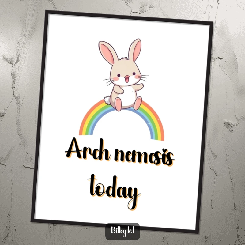 Funny bilby hopping joyfully over a small, sparkling rainbow arc illustration as wall art poster, perfect for a humorous and magical gift.