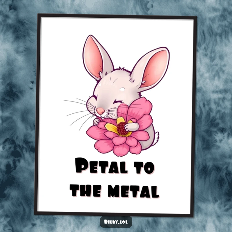 Funny bilby with long ears twitching, excitedly sniffing a large, colorful flower illustration as wall art poster, perfect for a humorous nature gift.