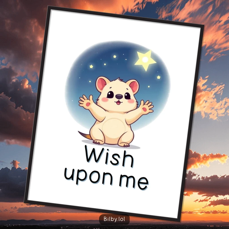 Funny poster of a little marsupial with paws outstretched, reaching for a shining star in a gentle night sky.
