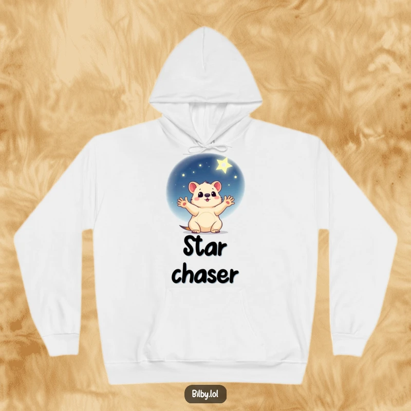 Funny hoodie featuring a little marsupial with paws outstretched, reaching for a shining star in a gentle night sky.