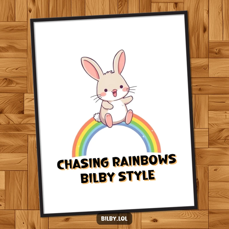 Funny Free Printable Bilby Wall Art: Bilby hopping joyfully over a small, sparkling rainbow, cute downloadable art.