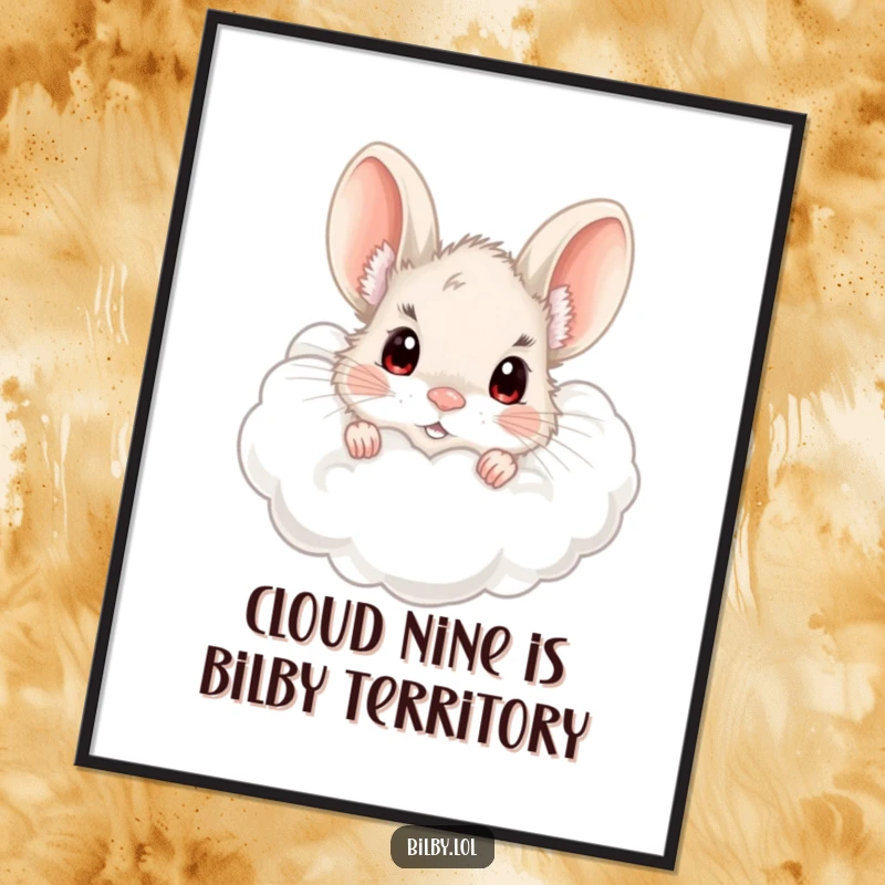 Funny Free Printable Bilby Wall Art: Adorable fluffy bilby peeking from a fluffy cloud, curious eyes, cute downloadable art.