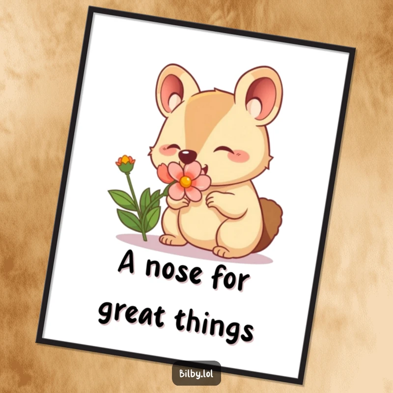 Funny Free Printable Wall Art featuring an adorable marsupial with a twitching nose happily sniffing a blooming flower.