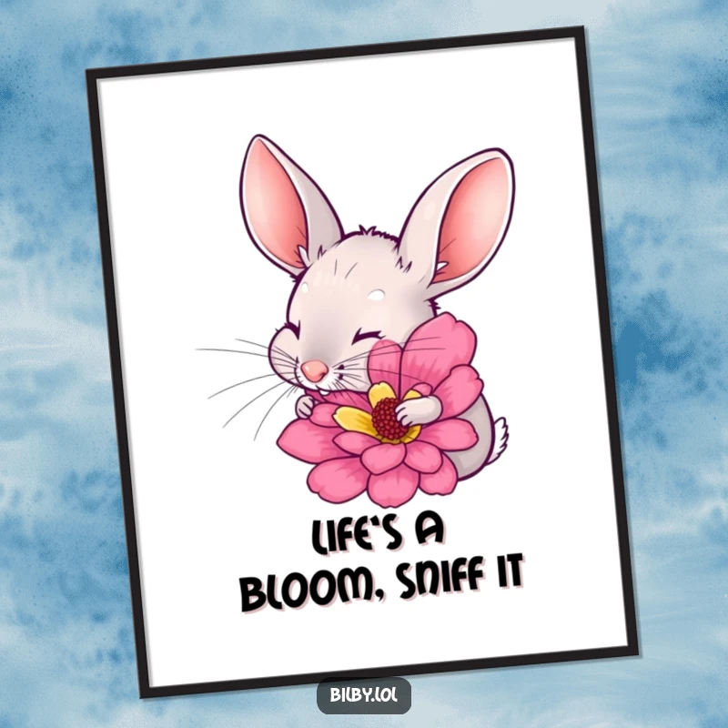 Funny Free Printable Bilby Wall Art: Bilby with twitching ears excitedly sniffing a colorful flower, cute downloadable art.