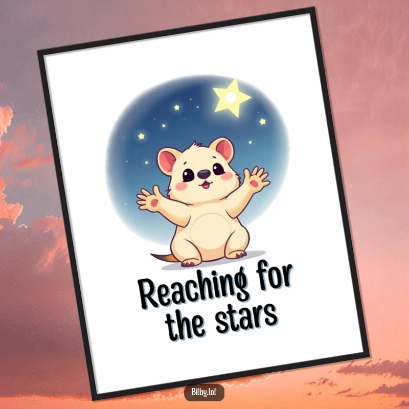 Funny Free Printable Wall Art of a little marsupial with outstretched paws reaching for a shining star in a gentle night sky.