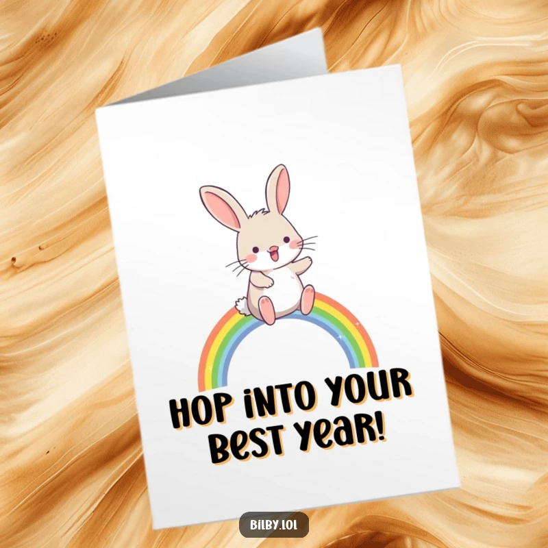 Funny Free Printable Bilby Birthday Card: Bilby hopping joyfully over a rainbow arc, perfect downloadable gift.