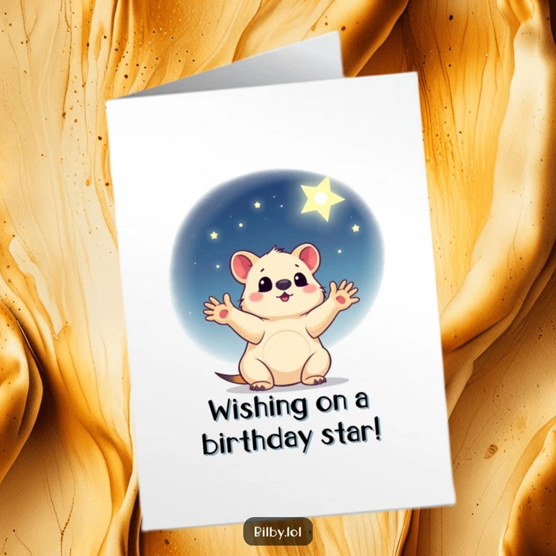 Funny Free Printable Birthday Card of a little marsupial reaching for a shining star in a gentle night sky.