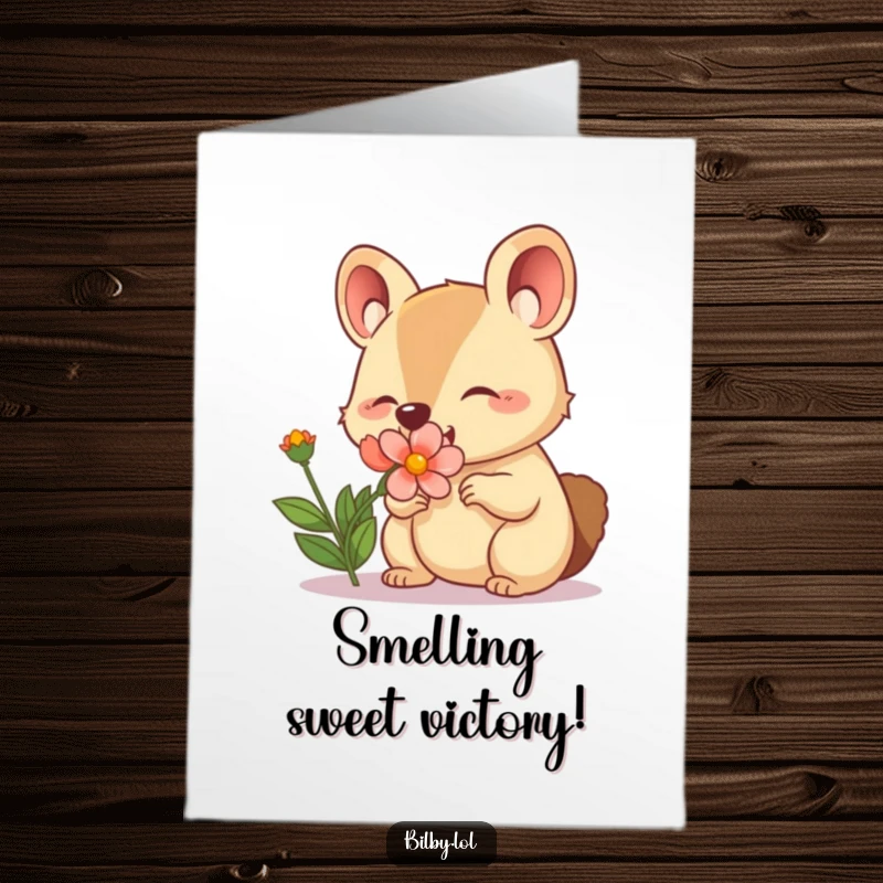Funny Free Printable Congratulations Card showing an adorable marsupial with a twitching nose sniffing a blooming flower.