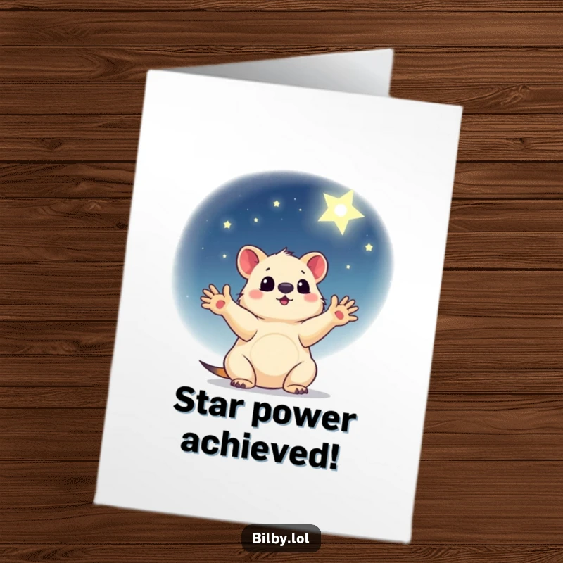 Funny Free Printable Congratulations Card showing a little marsupial reaching with outstretched paws for a shining star.