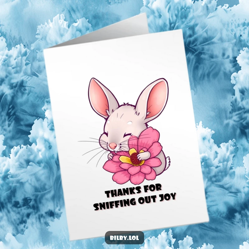 Funny Free Printable Bilby Thank You Card: Bilby with twitching ears sniffing a flower, perfect for downloadable gratitude.