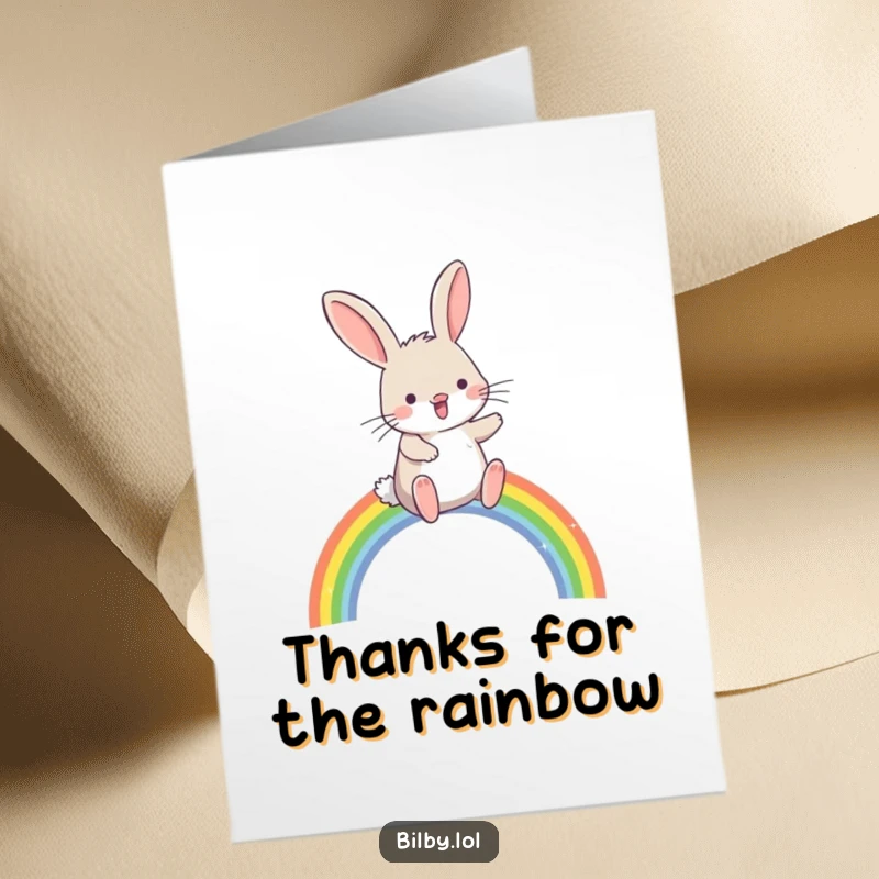 Funny Free Printable Bilby Thank You Card: Bilby hopping over a rainbow arc, perfect for downloadable gratitude.
