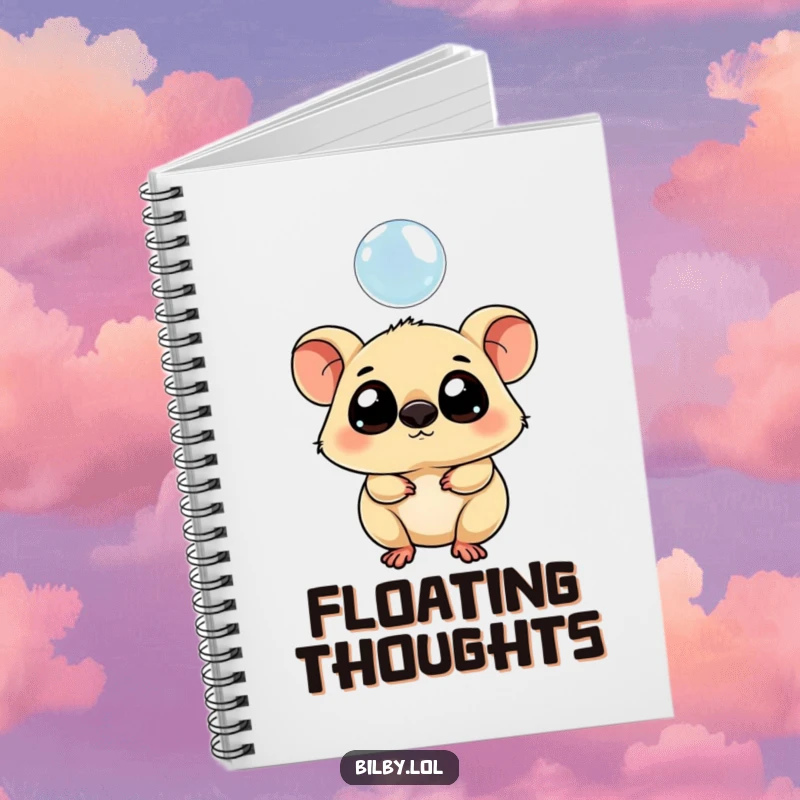 Funny notebook featuring a chubby marsupial with large eyes tipping its head curiously towards a floating bubble.