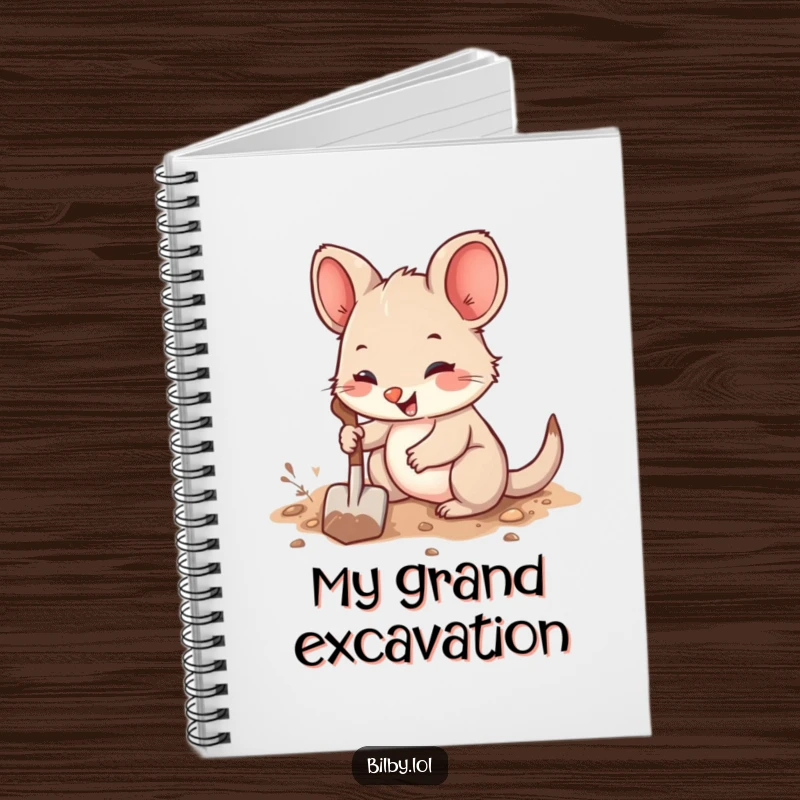 Funny notebook featuring a cute, fuzzy marsupial with large ears joyfully digging a burrow with a tiny shovel for notes.
