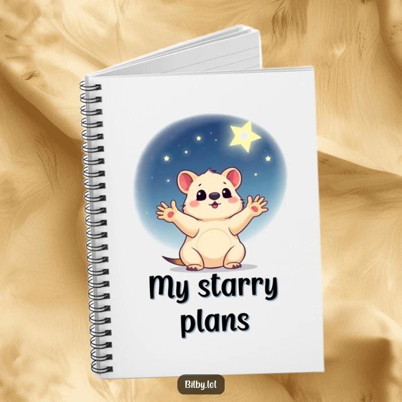 Funny notebook featuring a little marsupial with paws outstretched, reaching for a shining star in a gentle night sky.