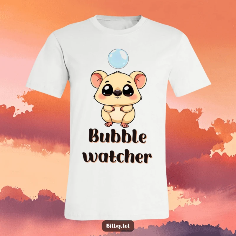 Funny t-shirt with a chubby marsupial with large eyes tipping its head curiously towards a floating bubble.