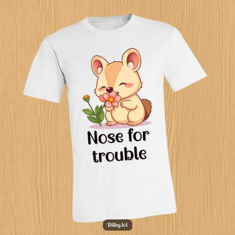 Funny t-shirt with an adorable marsupial character with a twitching nose happily sniffing a blooming flower.